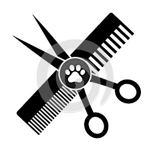 Animal grooming emblem. scissors with a comb and a trace of a dog on a white background