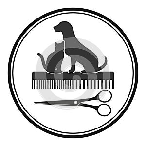 Animal haircut emblem. dog and cat with comb and scissors in a circle