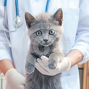 Animal health check Vet with stethoscope examines gray kitten closely