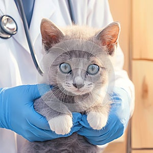 Animal health check Vet with stethoscope examines gray kitten closely