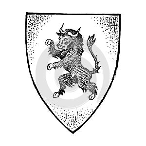 Animal for Heraldry in vintage style. Engraved coat of arms with bull. Medieval Emblems and the logo of the fantasy