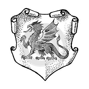 Animal for Heraldry in vintage style. Engraved coat of arms with dragon, mythical creature. Medieval Emblems and the