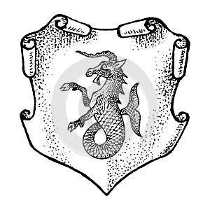 Animal for Heraldry in vintage style. Engraved coat of arms with goat fish, mythical creature. Medieval Emblems and the