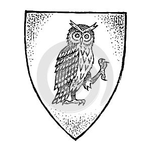 Animal for Heraldry in vintage style. Engraved coat of arms with owl bird. Medieval Emblems and the logo of the fantasy