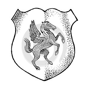 Animal for Heraldry in vintage style. Engraved coat of arms with Pegasus, mythical creature. Medieval Emblems and the