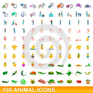 100 animal icons set, cartoon style