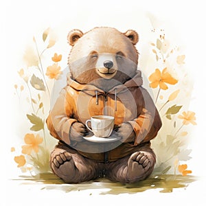 animal illustration of a calm and collected bear enjoying a cup of tea, radiating a sense of peace and contentment by AI generated