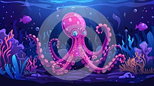 Animal illustration: Octopus, underwater animal with pink skin with corals and seaweed. Kraken, sea creature with long