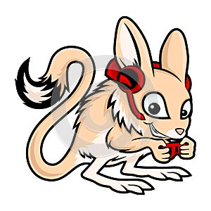 Animal jerboa in headphones and with a gamepad.
