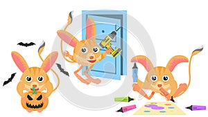 Animal Jerboa With A Pumpkin And Bats Around, Draws With Markers, Installing The Door With A Screwdriver Vector Design Style
