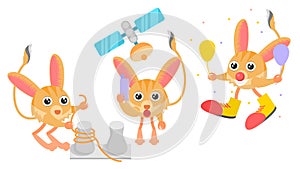 Animal Jerboa Tying A Rope To A Bollard, Clown With Balloons, talking on cell phone Vector Design Style Elements Fauna Wildlife