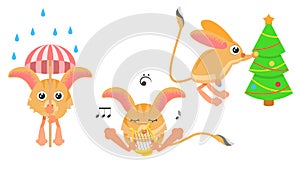 Animal Jerboas Decorates The Christmas Tree, Plays The Lyre, With An Umbrella In The Rain Vector Design Style Elements Fauna