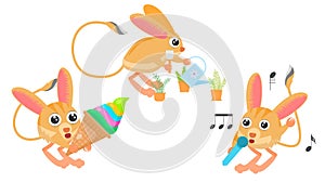 Animal Jerboas With Huge Ice Cream, Watering Plants From A Watering Can, Singing Into The Microphone Vector Design Style Elements