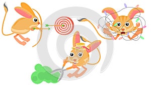 Animal Jerboas Shoots A Bow At A Target, Gardener Trims The Bushes, Tangled In A Garland Vector Design Style Elements Fauna