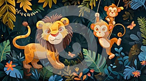 animal jungle adventure, artistic drawing featuring a majestic lion and playful monkey swinging on vines in a tropical photo