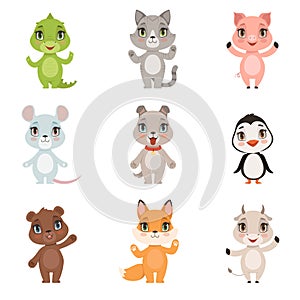 Animal kids collection. Wild crocodile bear penguin fox domestic little cute funny baby animals dog cat goat pig