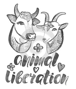 Animal liberation Watercolor poster with farm animals Cow and Goat