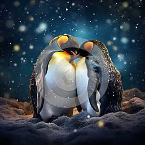 Animal love. King penguin couple cuddling wild nature green background. Two penguins making love. in the grass