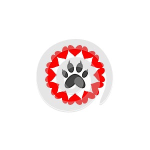 Animal love symbol paw print with heart icon isolated on white background