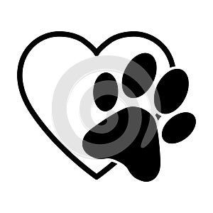 Animal love symbol paw print with heart, isolated vector