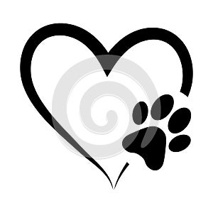 Animal love symbol paw print with heart, isolated vector