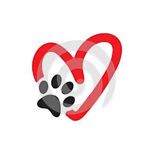 Animal love symbol paw print with heart, isolated vector