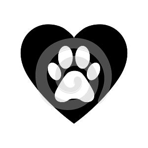 Animal love symbol paw print with heart, isolated vector