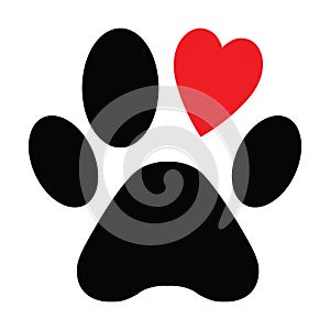 Animal love symbol paw print with heart, isolated vector