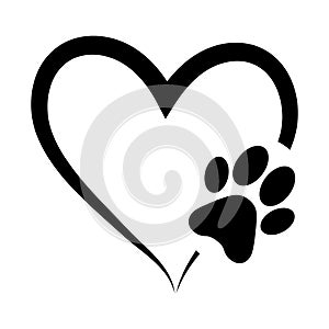 Animal love symbol paw print with heart, isolated vector photo