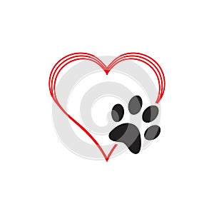 Animal love symbol paw print with heart, isolated vector