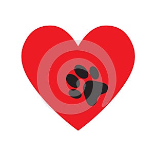 Animal love symbol paw print with heart, isolated vector