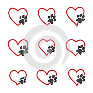 Animal love symbol, pet paw print with hand drawn heart, isolated vector