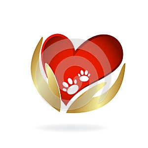 Animal lovers gold hands and love heart with paws logo image vector template