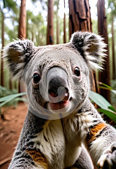 Animal make selfie in forest. Close-up Koala in forest take selfie. interaction between wildlife and modern photography