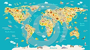 Animal map for kid. World vector poster for children, cute illustrated