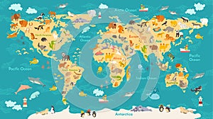 Animal map for kid. World vector poster for children, cute illustrated