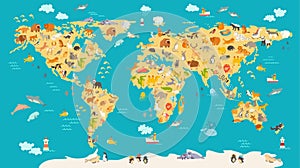 Animal map for kid. World vector poster for children, cute illustrated