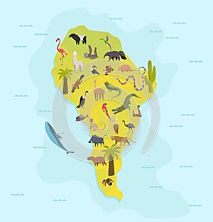 Animal map of south america. Nature fauna cartography concept . Geographical map with local fauna. Continent with