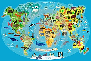 Animal Map of the World for Children and Kids. Vector.