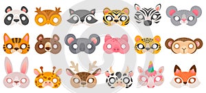 Animal mask. Photo booth props, panda bear and zebra, tiger and pig, koala and cow, unicorn and monkey, owl carnival zoo