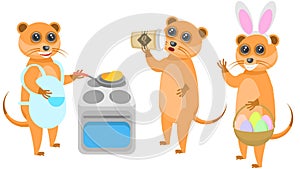 Animal Meerkats Frying Pancakes On The Stove, Drinking Coffee, In Bunny Ears With A Basket Of Eggs Vector