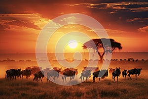 Animal migration or migratory wildebeest herds