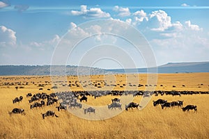 Animal migration or migratory wildebeest herds photo