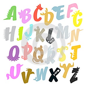 Animal multicolor alphabet with ears and tails