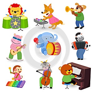 Animal music vector animalistic character musician lion or dog playing on musical instruments guitar and piano