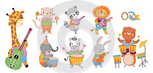 Animal musician party. Wild animals play musical instruments. Cute celebration or festival, cartoon kids characters