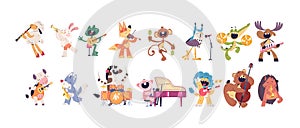 Animal musicians. Animals funny musician playing music instruments celebration party, lion with guitar zebra dance comic