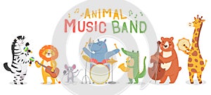 Animal musicians characters. Funny animals play musical instruments, musicians with guitar, sax and maracas, violin kids