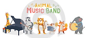 Animal musicians characters playing different musical instruments. Jazz band performing melody. Giraffe playing piano