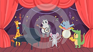Animal musicians characters on theatre stage. Giraffe, rhino, crocodile and panda playing piano, drums and saxophone